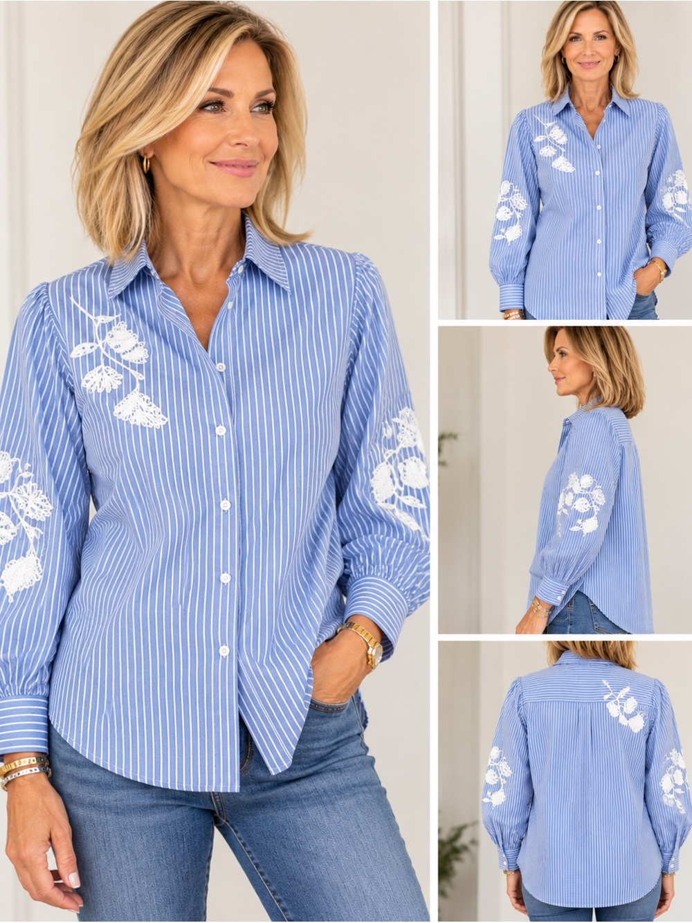 Navy and Light Blue Striped Blouse Tunic Length. Classic Style S